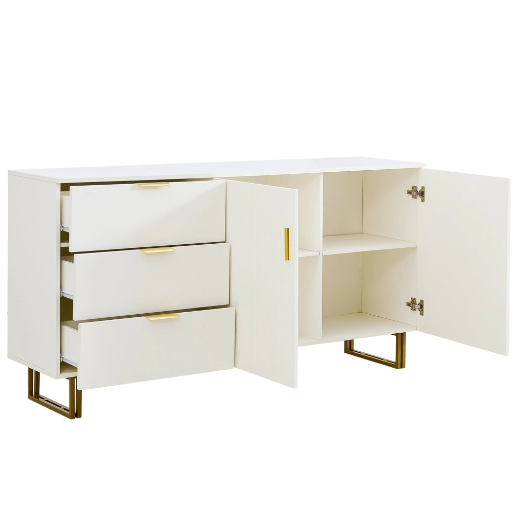 Credenza 160x40x81，5 cm in MDF bianco， 2 ante e 3 cassetti