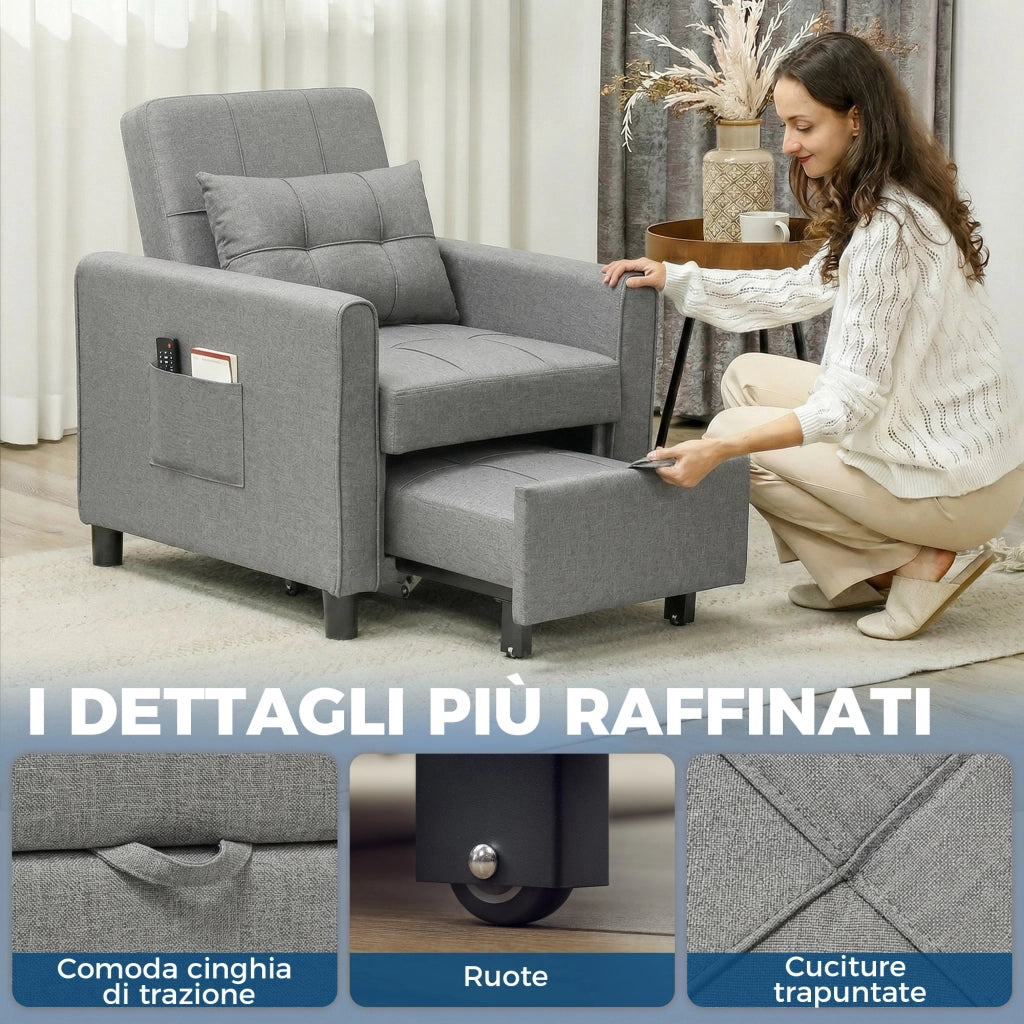 Divano Letto Pieghevole Convertibile 69x82x85 cm con Schienale Regolabile e Cuscino in Tessuto Effetto Lino Grigio