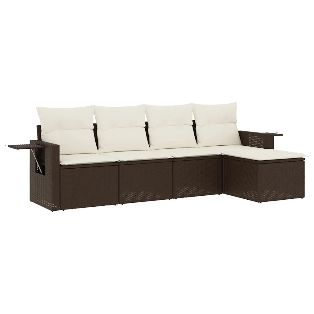 Set Divano da Giardino 5 pz | Set Salotto da Giardino con Cuscini Marrone in Polyrattan