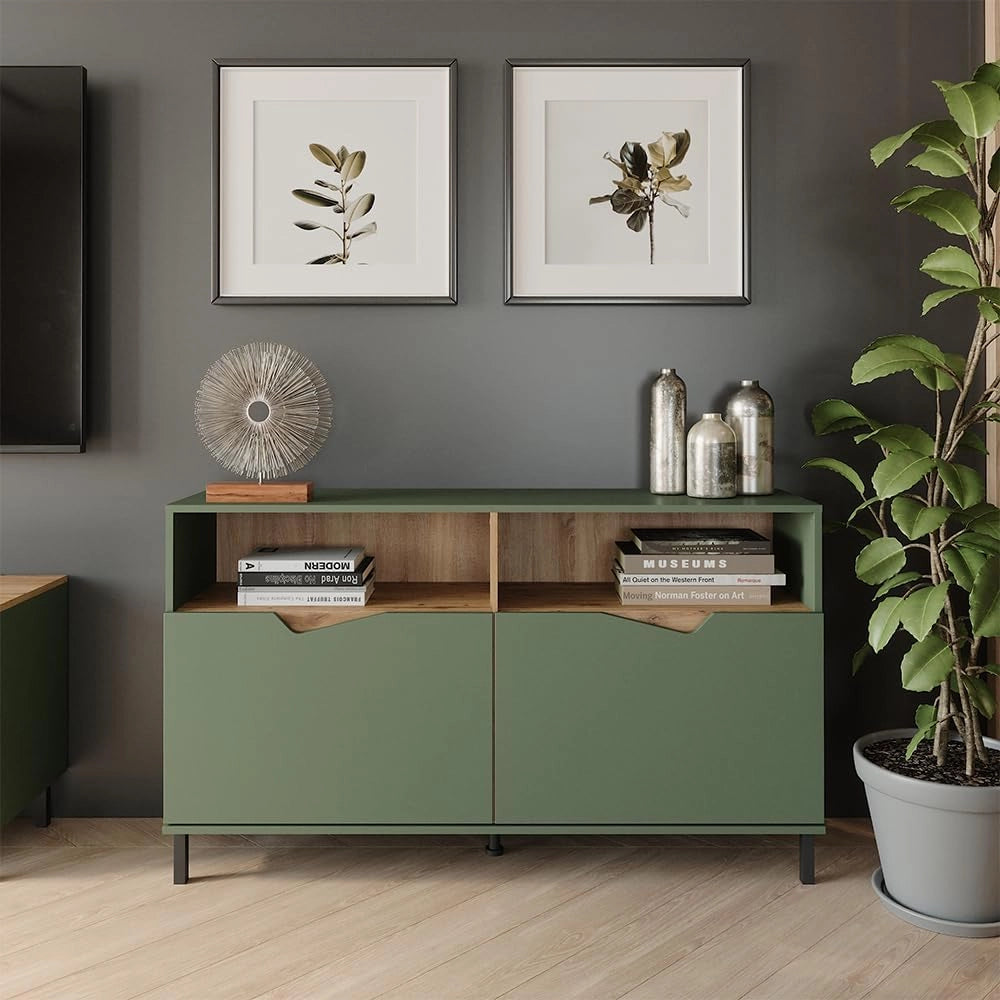 Credenza Marelle, Verde/Artigianale, 140 x 81.3 cm con 2 porte, adatto per la conservazione di diversi oggetti di uso quotidiano