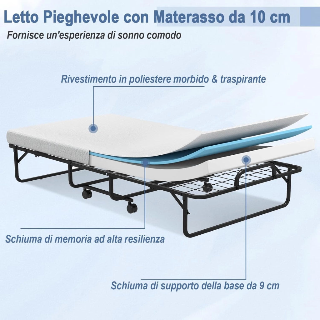 Brandina Pieghevole con Materasso Memory Foam, Letto Pieghevole con Struttura Robusta in Metallo e 4 Ruote, Letto Singolo Portatile per Casa Ufficio, Capacità di Carico 180 kg