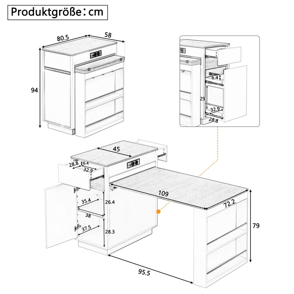 Tavolo da pranzo con piano estraibile; LED e prese USB per cucina in MDF bianco
