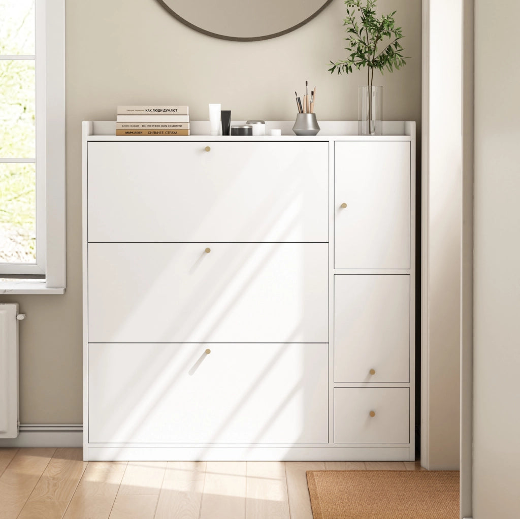 Scarpiera 119x24x122 cm con 3 cassetti a ribalta e panca richiudibile; pannello truciolare bianco