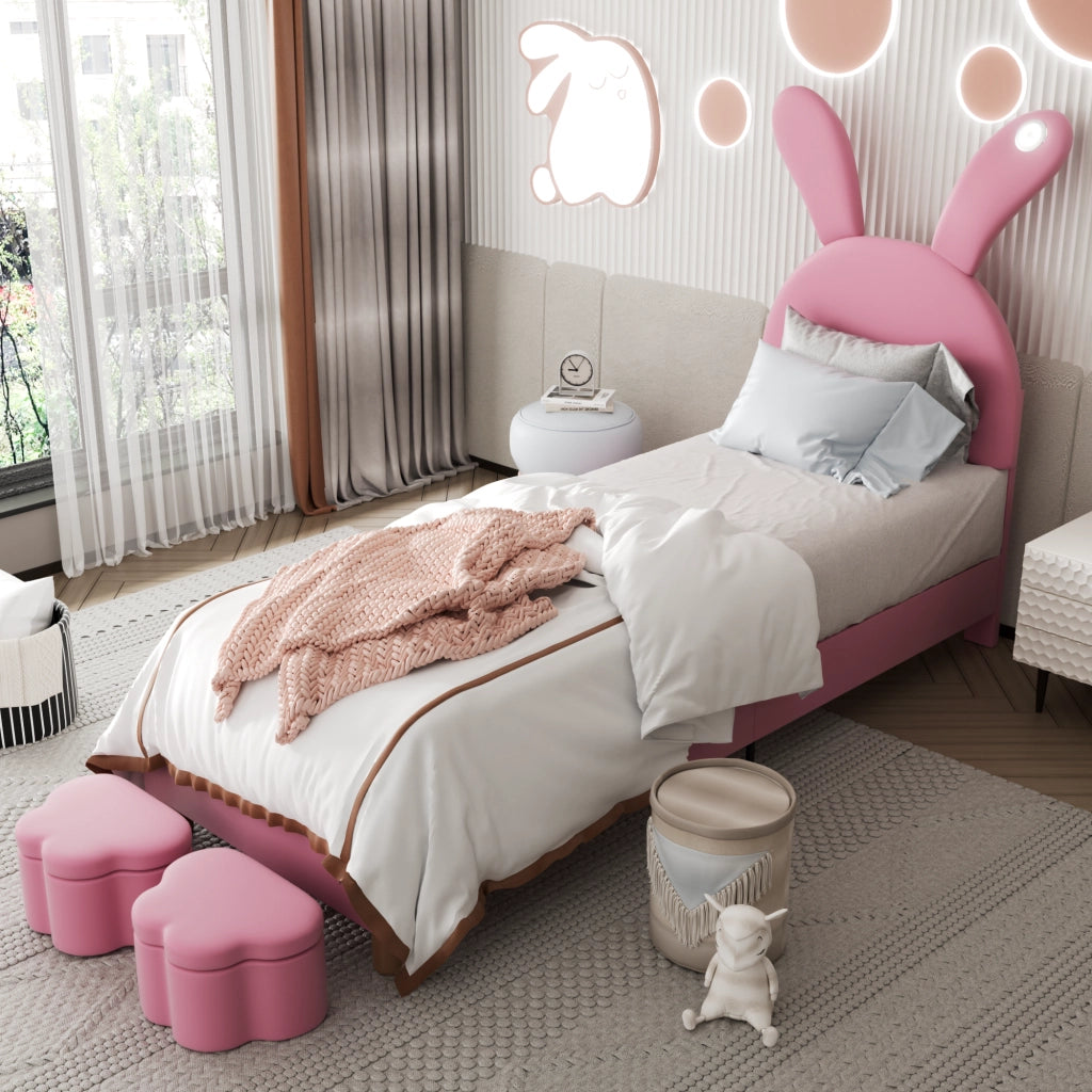 Letto Singolo 90x200 cm; con 2 bauli; LED e orecchie pieghevoli - in velluto rosa