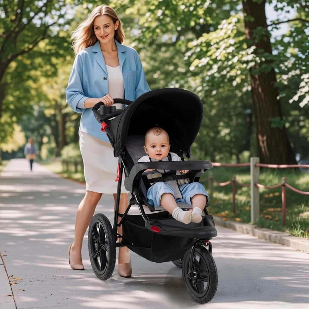 Passeggino Leggero a 3 Ruote, Passeggino Pieghevole con Cappotta Estensibile, Schienale Reclinabile e Portabicchieri, Carrozzina da Jogging per Bambini 0-48 Mesi fina a 22 KG