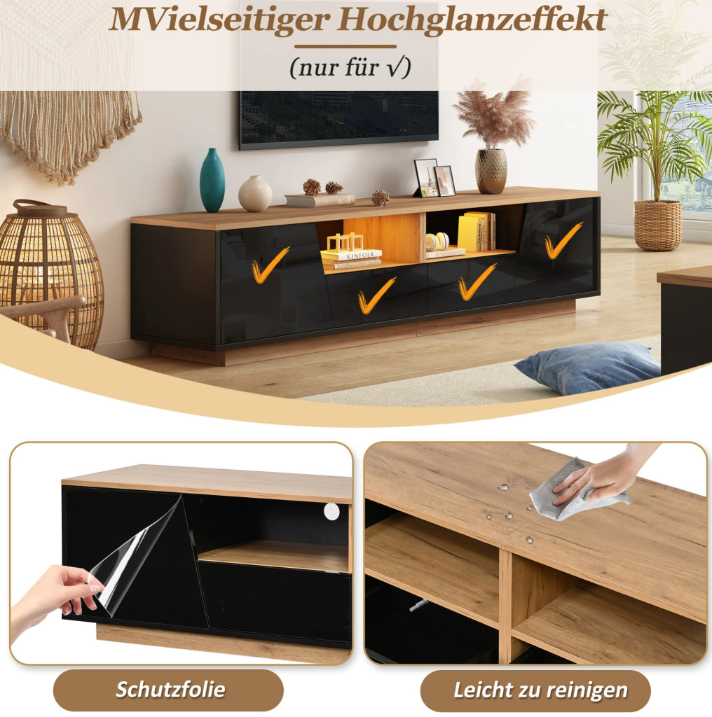 Mobile TV 180x40x46 cm con LED, 2 ante e 2 cassetti, nero e legno