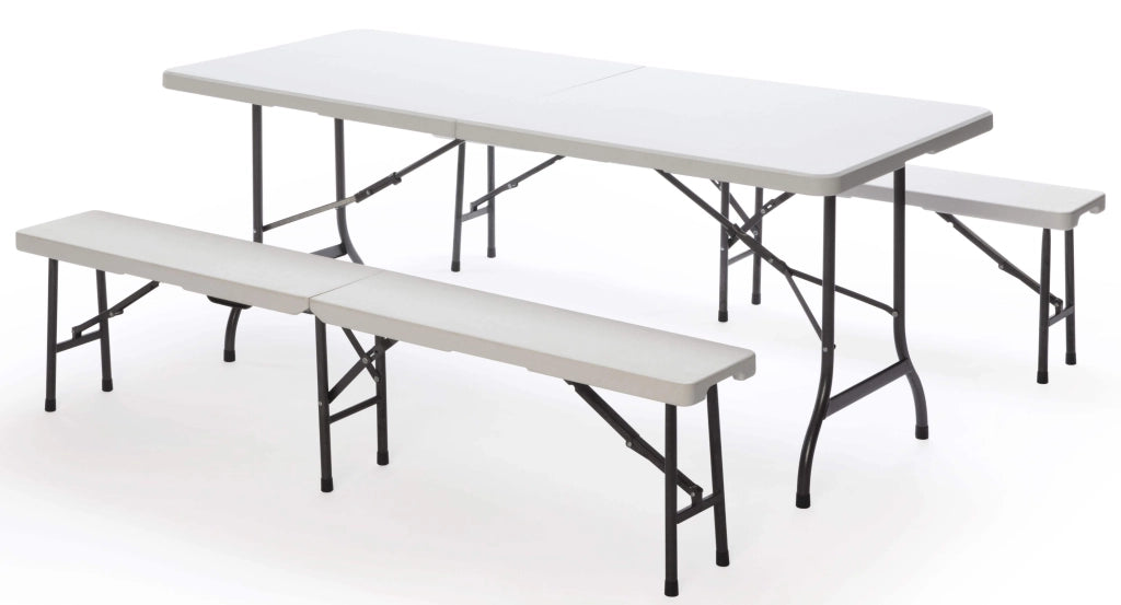 Set Birreria da Giardino Pieghevole in Ferro Tavolo 182x75 cm e 2 Panche Taddei Plastik Bianco