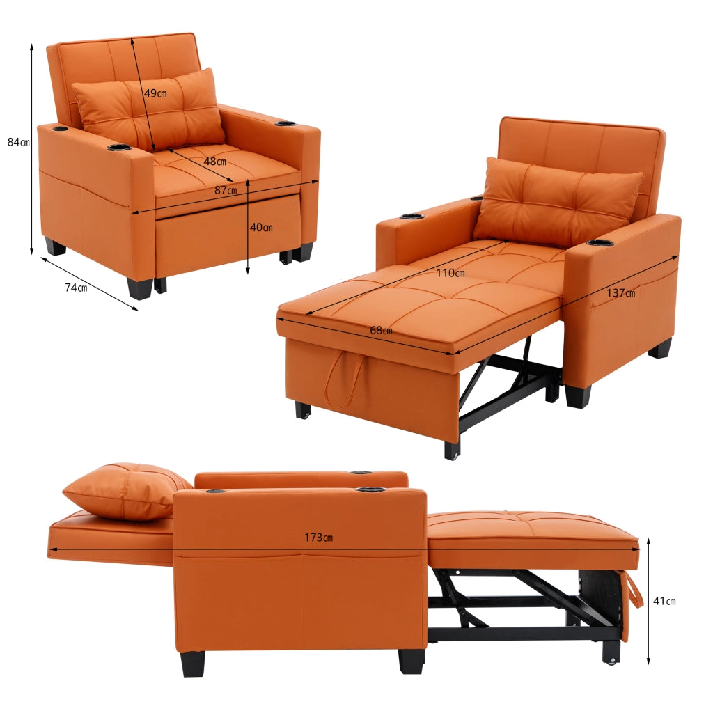 Poltrona letto 3 in 1 estraibile con schienale regolabile porta bevande e tasca in pu arancione 74 × 87 × 84 cm