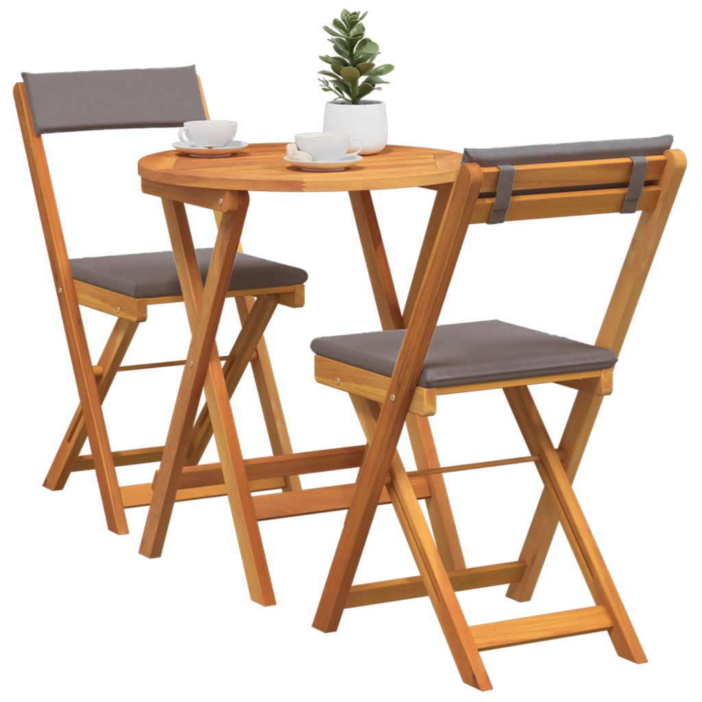Set Bistro Pieghevole da 3 Pezzi con Cuscini in Legno Massello Acacia