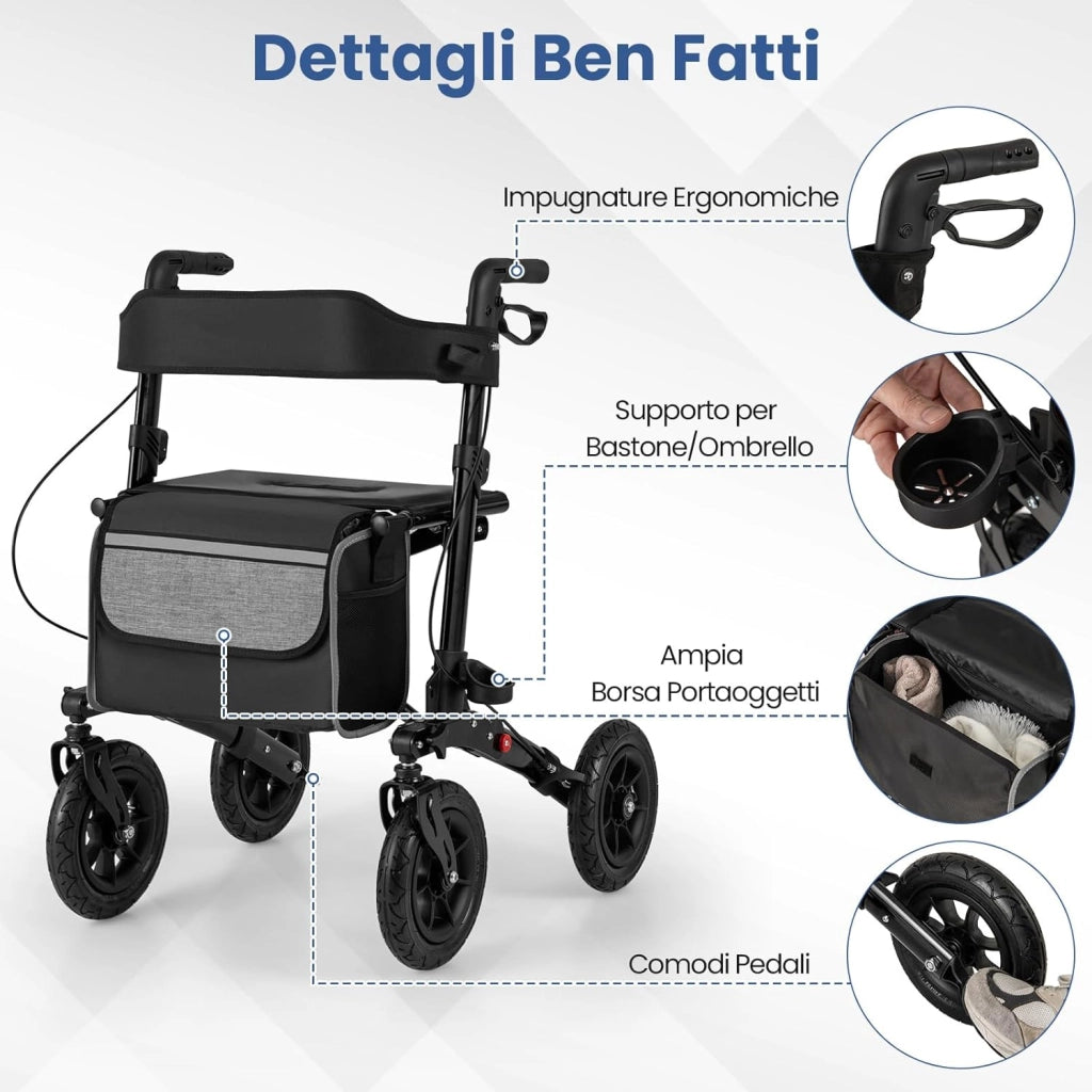 Deambulatore Pieghevole per Anziani in Alluminio, Rollator Regolabile in Altezza con Seduta, Schienale e Freni, Girello per Anziani con Borsetta, Carico Massimo 140 kg (Nero)
