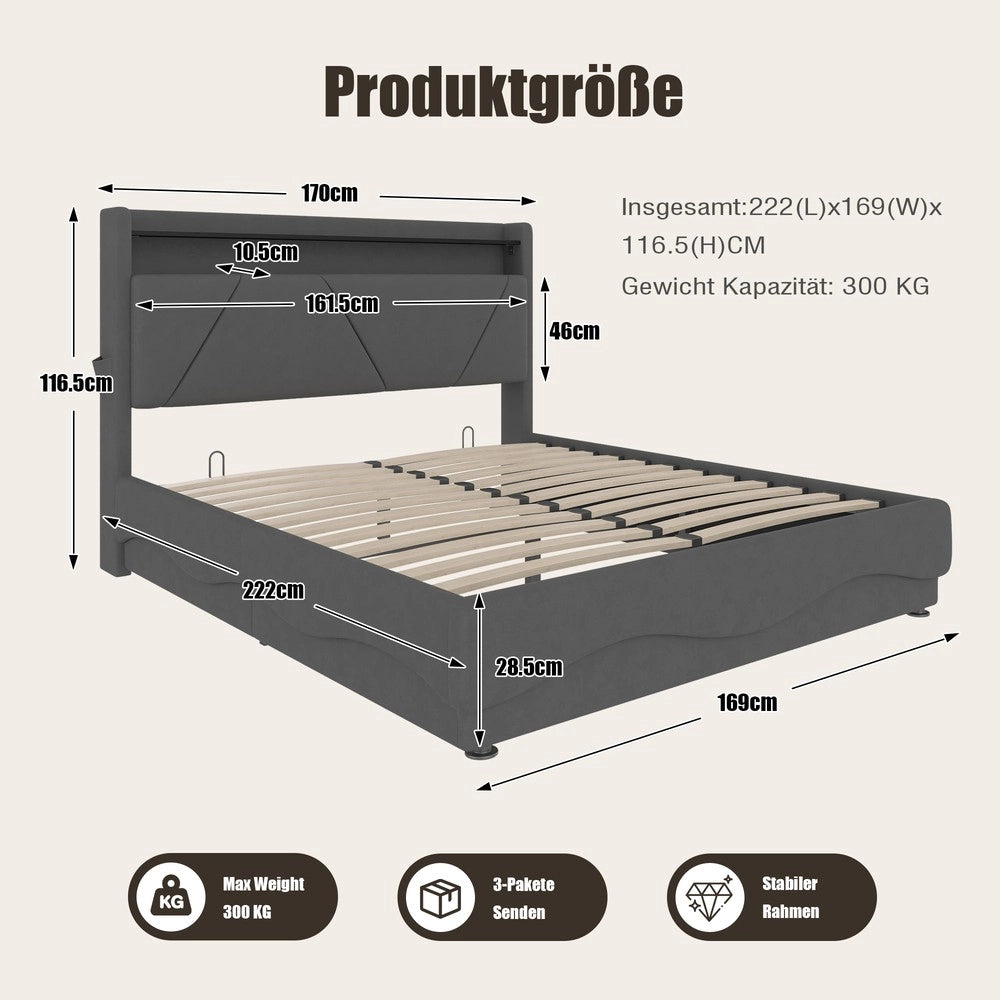 Letto imbottito con LED e contenitore ¨C Minimal ¨C Grigio tessuto 160x200 cm