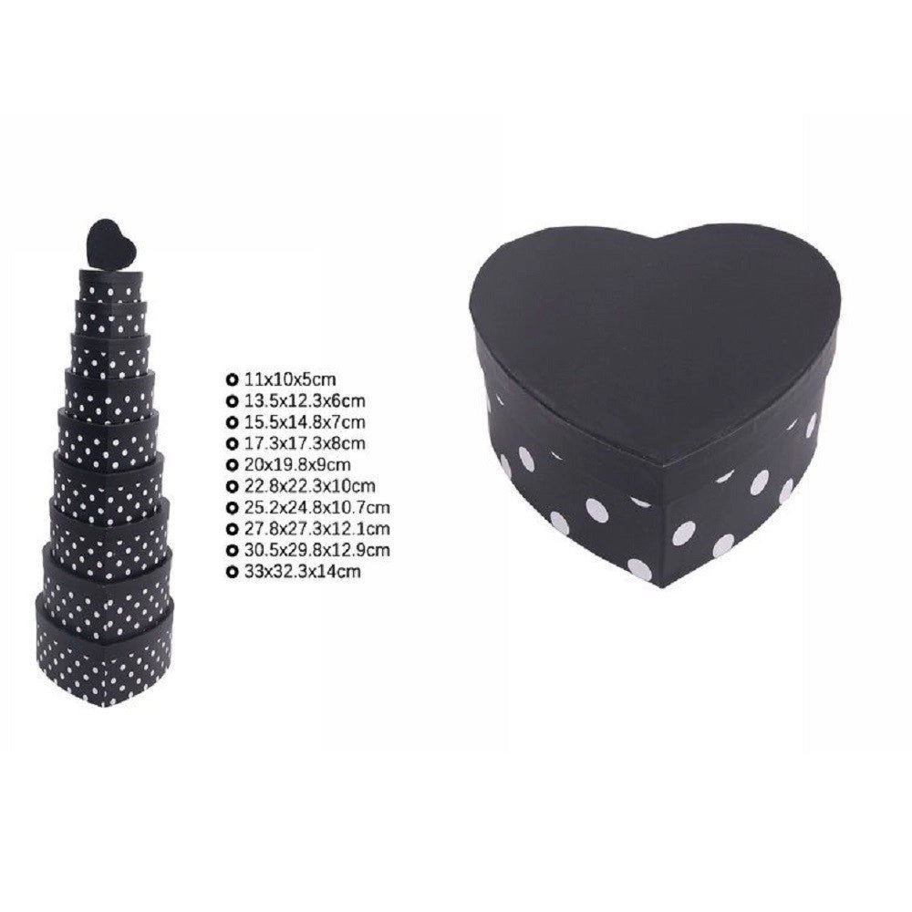 Trade Shop - Set 10 Pz Scatole Box Regali Varie Misure Matrioska Forma Cuore Nero Pois 71954 -
