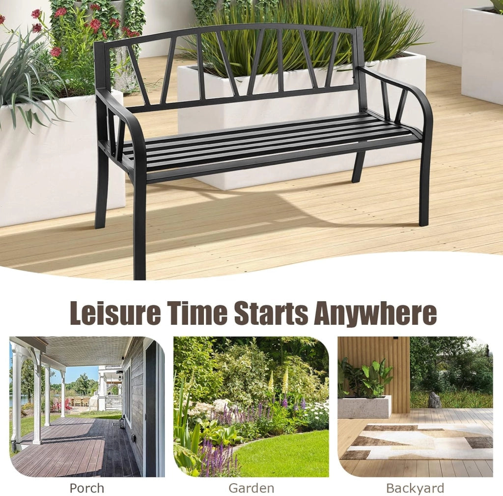 Panca da giardino a 2 posti, panca da parco in metallo, sedia da parco con schienale, carico di 300 kg, per balcone, terrazza, nero (modello 3, 128 x 60 x 86 cm)