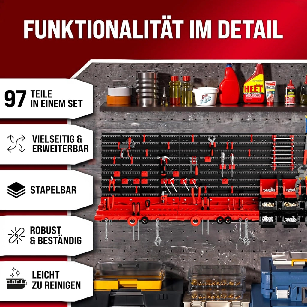 DEUBA® Pannello Preforato Portautensili 97 pz. Box Impilabili Parete Attrezzata Officina Organizer Ampliabile Garage