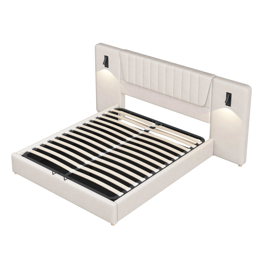 Letto imbottito 180x200 cm con contenitore idraulico, lampade USB e velluto beige