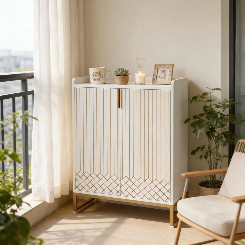 Scarpiera a 5 ripiani con 2 ante, struttura in metallo e legno, colore bianco e oro, 100x41,5x21 cm