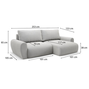 Paullo, Divano Letto con Penisola Contenitore, 253x153 cm Grigio