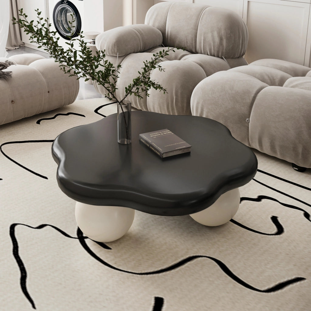 Tavolino basso a forma di nuvola con 1 piano, per soggiorno, in MDF e plastica, nero e bianco, Ø80 × 35 cm