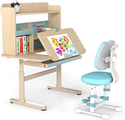 Scrivania per Bambini 3+ Anni, Tavolo Regolabile in Altezza con Libreria e Cassetto, Piano Inclinabile, Mensole, Leggio e Portapenne, per Studio e Cameretta (Blu)