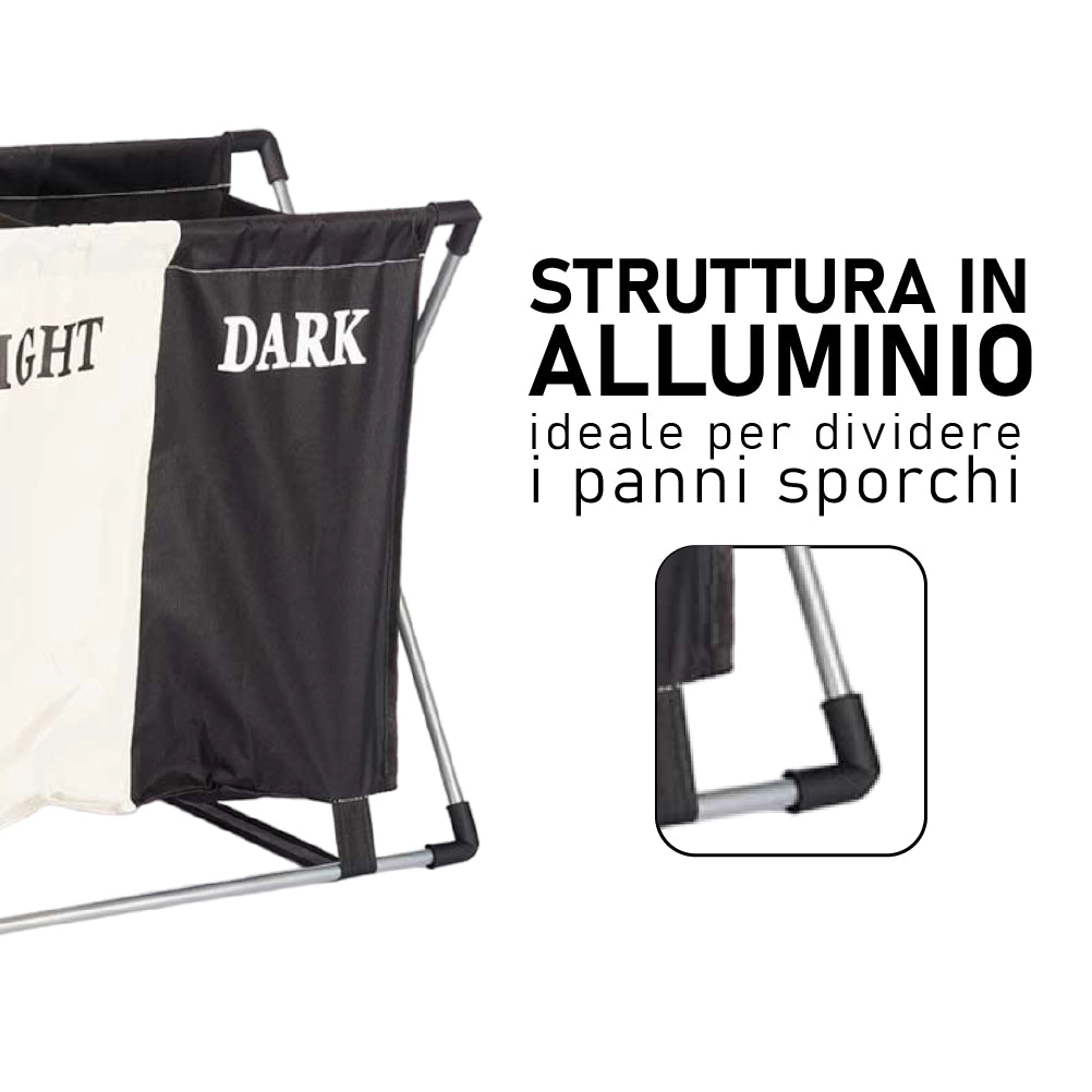 Cesto Porta Biancheria Doppio In Alluminio Tessuto Cotone Pieghevole Salvaspazio