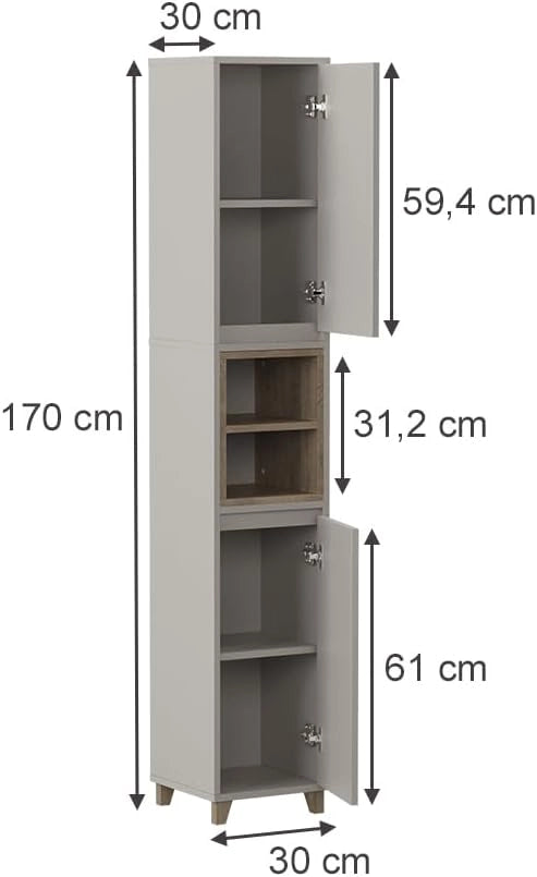 Armadio per il bagno Elnor, Bianco/quercia, 30 x 170 cm con 2 porte