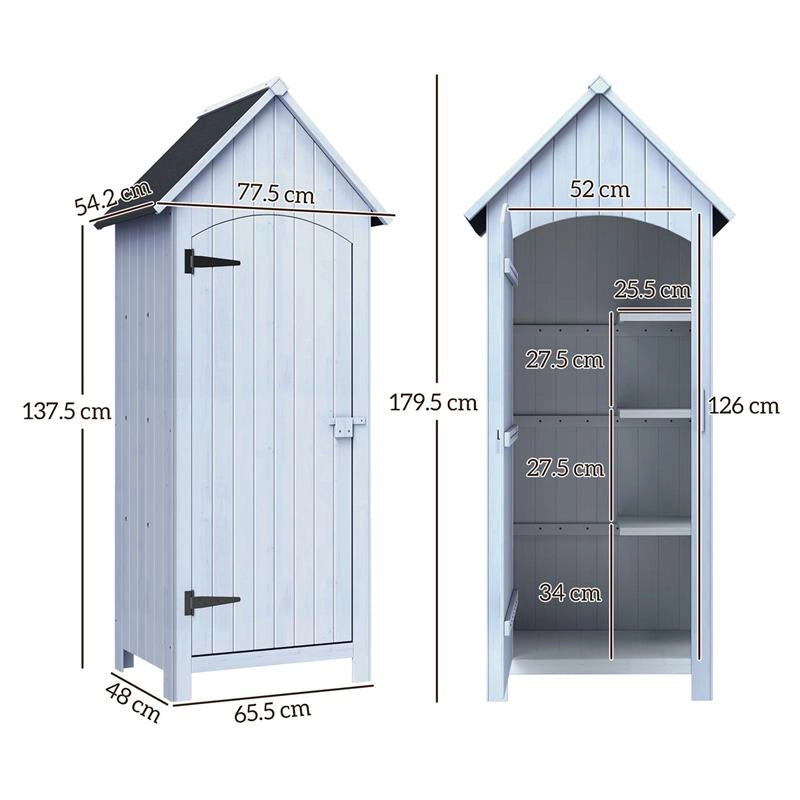 CASETTA PORTA ATTREZZI IN LEGNO A 3 MENSOLE CON TETTO IMPERMEABILE IN BITUME, 77.5X54.2X179.5 CM, BIANCO