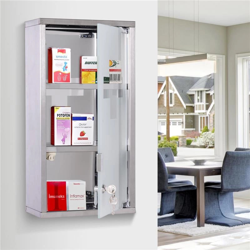 ARMADIETTO PORTA MEDICINALI IN VETRO IN ACCIAIO PORTA E 2 CHIAVI PRONTO SOCCORSO CASSETTA MEDICINE 48X25CM