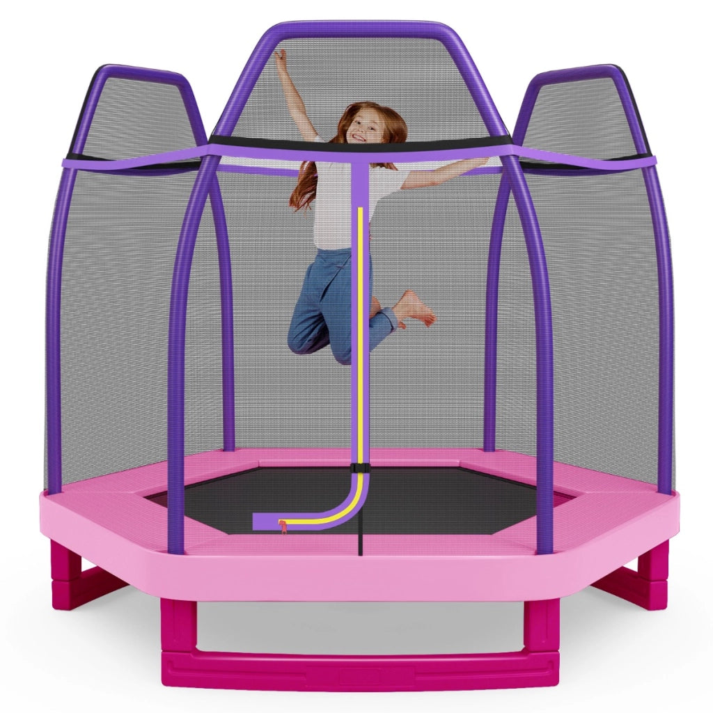 Tappeto elastico 223 cm con rete di sicurezza e cuscinetto a molle, Mini tappeto elastico per bambini Viola