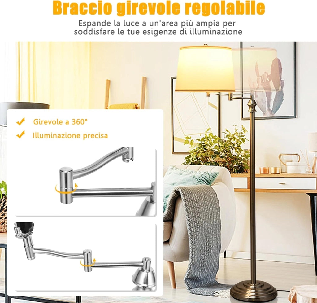 Lampada da Terra Design e Vintage, Lampada a Stelo da Terra con Braccio Girevole, Ideale per Soggiorno, Camera da Letto e Studio, Argento