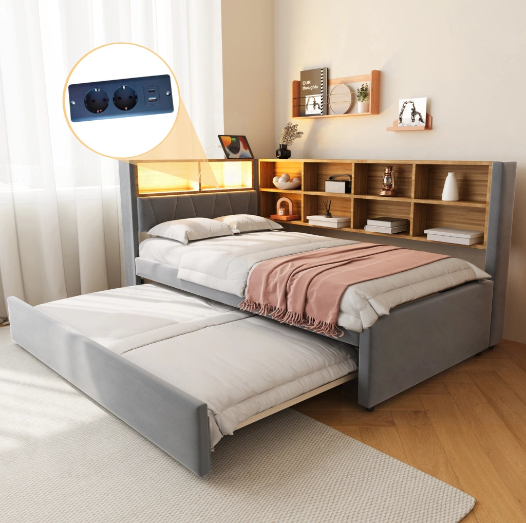 Letto singolo con letto estraibile 90x200 cm grigio scuro