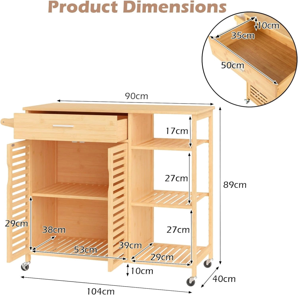 Carrello da cucina con ruote, isola cucina con cassetti, porta asciugamani, scaffali aperti, carrello da servizio, carrello in legno, carrello da cucina, 104 x 40 x 89 cm