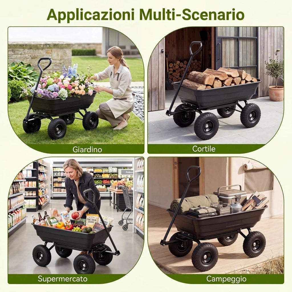 Carrello da Giardino 75 L Portata 300 kg, Carriola da Giardino Ribaltabile con 4 Ruote Pneumatiche, Manico Regolabile e Impugnatura Morbida, Carriola da Muratore da Esterno