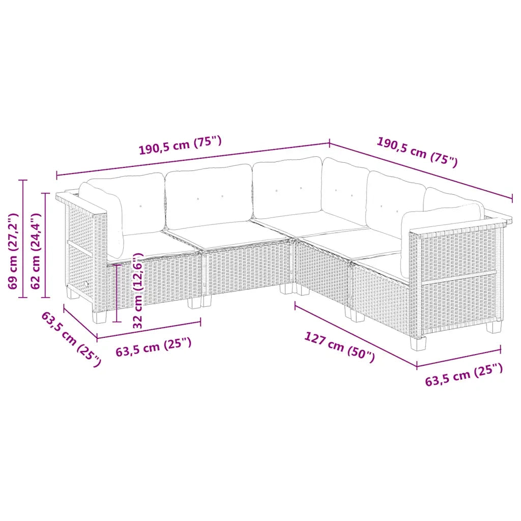 Set Divano da Giardino 5 pz | Set Salotto da Giardino con Cuscini Beige in Polyrattan