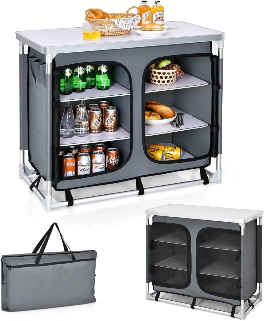 Tavolo Pieghevole da Campeggio in Alluminio a 4 Livelli, Tavolo Picnic Richiudibile con Ante in Rete con Cerniera, Borsa per il Trasporto, Cucina da Esterno, Picnic, Barbecue, Festa