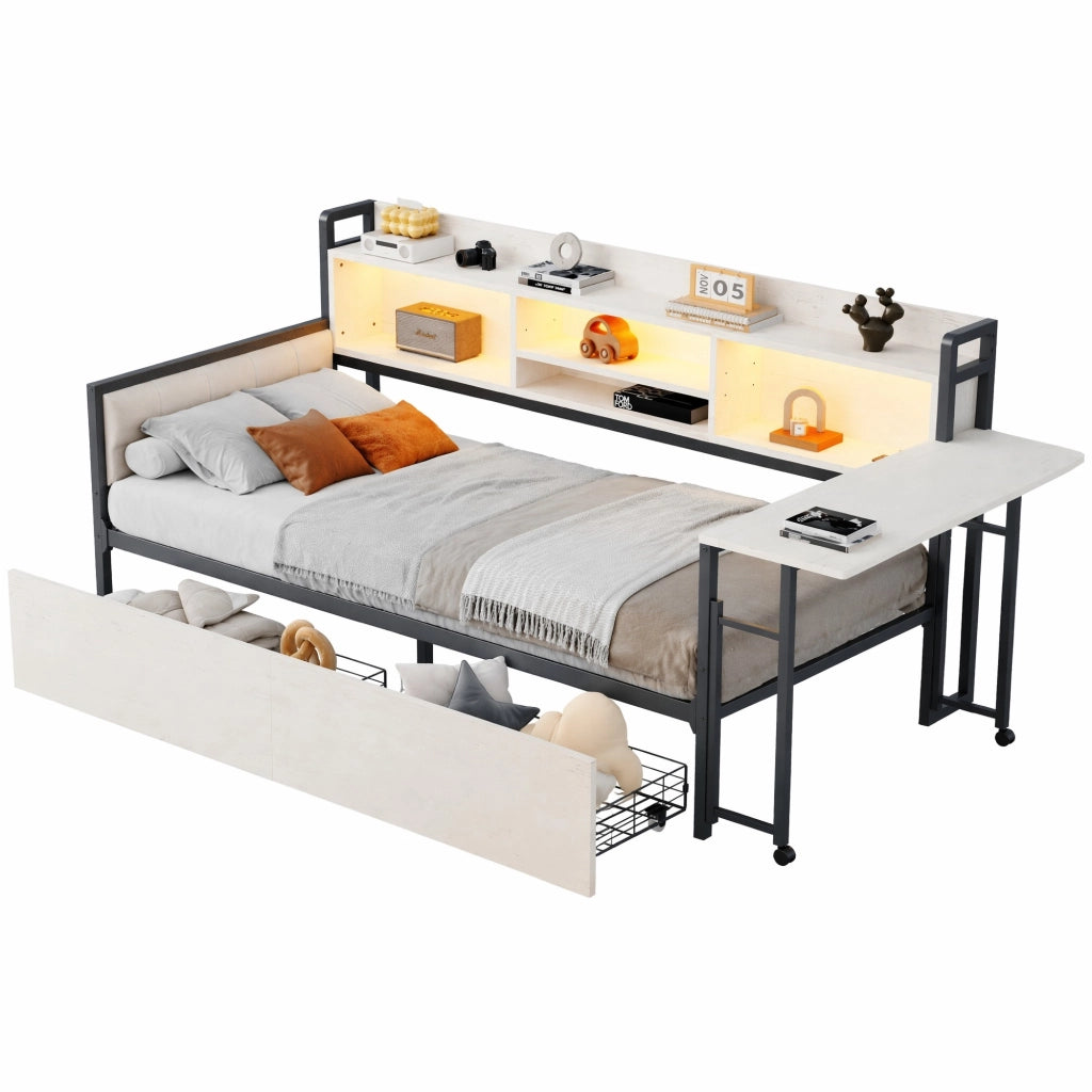 Letto multifunzione singolo 90x200 cm in metallo con LED; scrivania e cassetti; bianco
