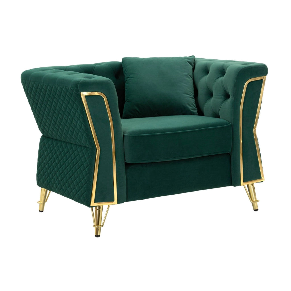 Poltrona Gabbiano, Seduta imbottita, Divano singolo da salotto, Sedia con braccioli, 104x83 h76 cm, Verde e Oro