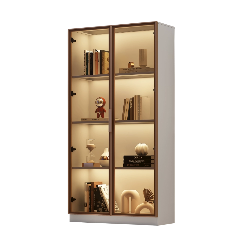 Vetrina in vetro con LED, armadio alto bianco con ante doppie e ripiani regolabili, 80x40x160 cm