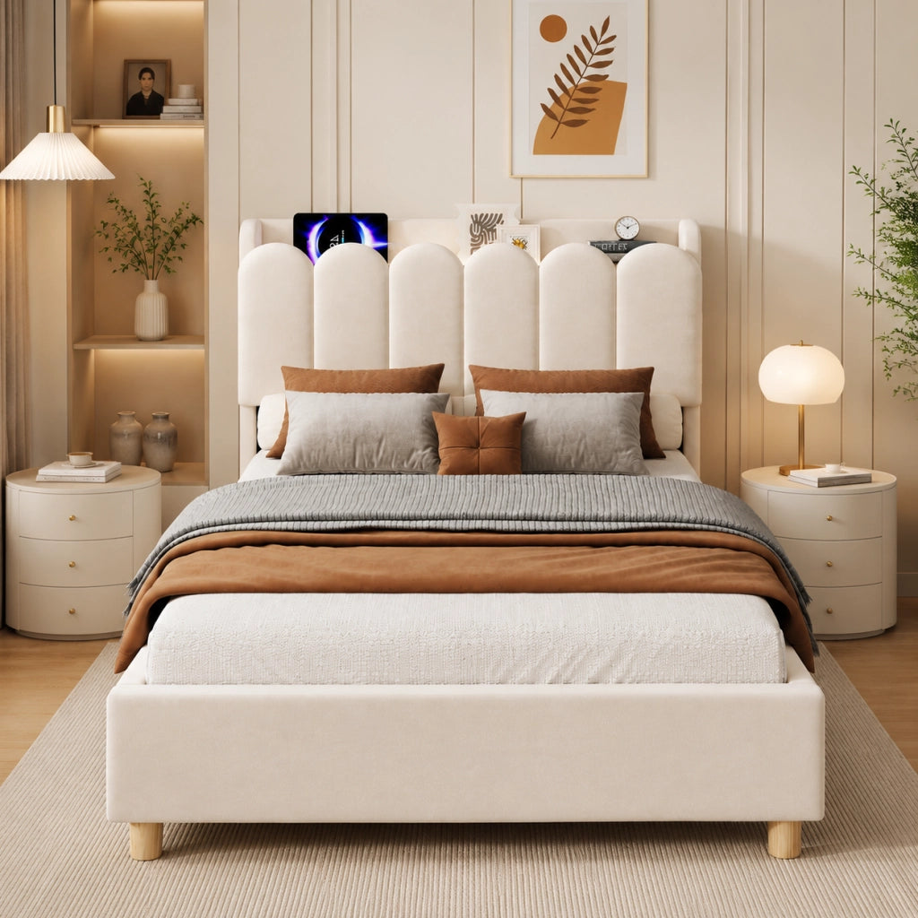 Letto imbottito per bambini 90x200 cm in velluto beige con rete a doghe; USB; Type-C e luce notturna