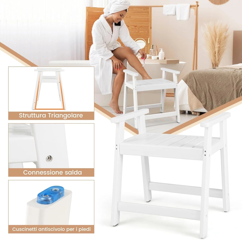 Sgabello da Bagno con Braccioli, Sgabello Doccia Impermeabile con Piedini Antiscivoli, Panca Versatile con Carico 150 kg, 58x52x61,5cm (Bianco)