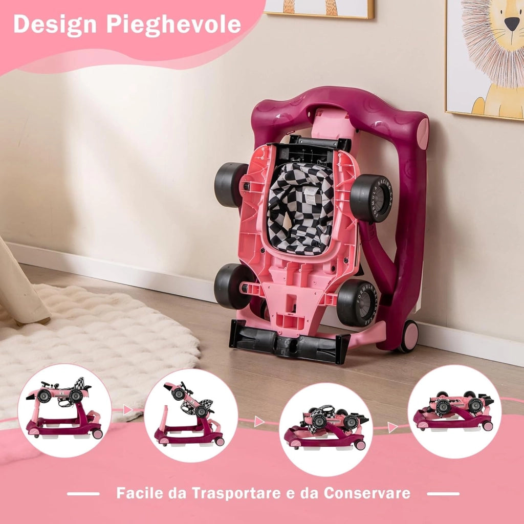 Girello per Bambini 4 in 1, Girello Pieghevole con Altezza e Velocità Regolabili, Carillon con Luci, Volante e Sedile, Primi Passi per Bambini 6-18 Mesi, Portata 15 kg (Viola)