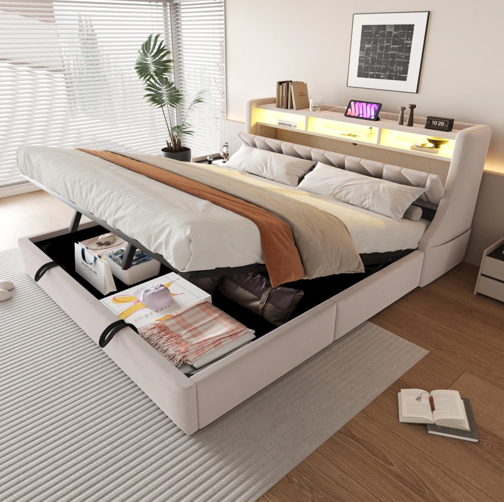 Letto imbottito 180x200 cm con contenitore idraulico, LED e testiera multifunzione