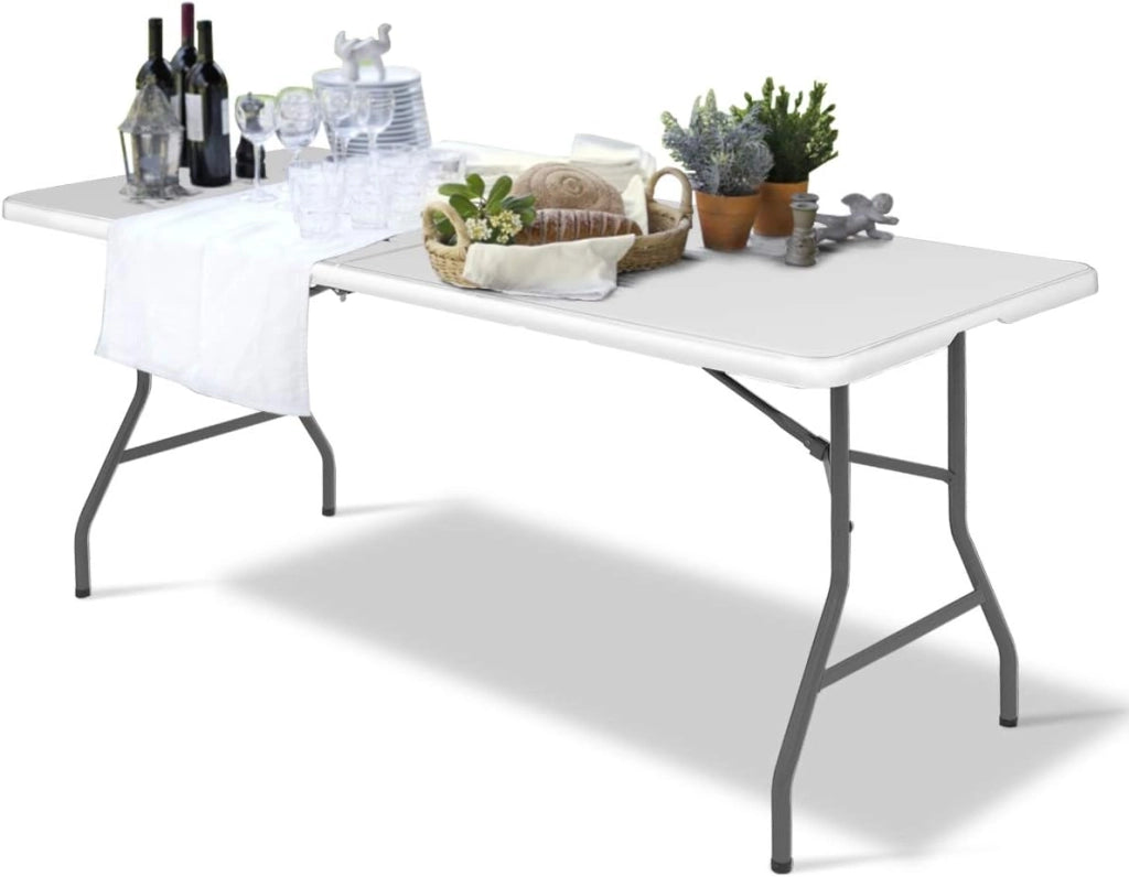 Tavolo da campeggio pieghevole da giardino con maniglia, tavolo da pranzo con piedini antiscivolo, bianco (182 x 75 x 74,5 cm)