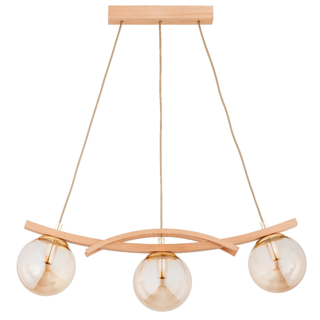 Lampada sospensione scandinava SANA legno 3 luci E14 ambra