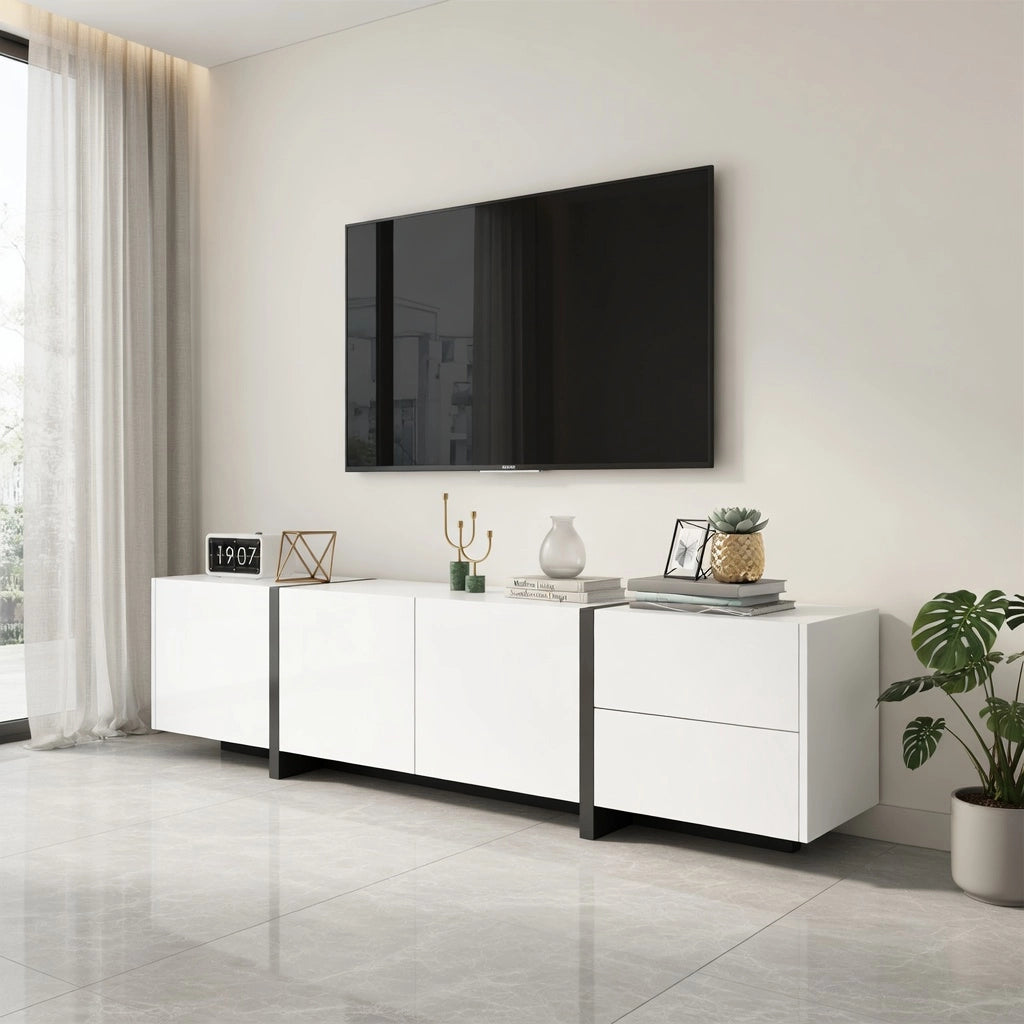 Cassettiera per TV bianca lucida con gambe nere; in truciolare; lunghezza 170 cm
