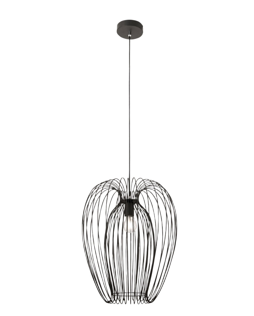 Lampada a sospensione Camp dal design industriale moderno, struttura in metallo, colore Nero, attacco E27, ideale per illuminazione d'interni.