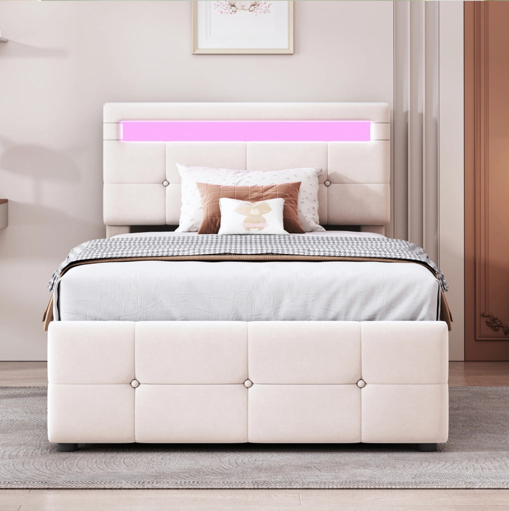 Letto singolo imbottito 90x200 cm con LED e vano contenitore idraulico; velluto beige