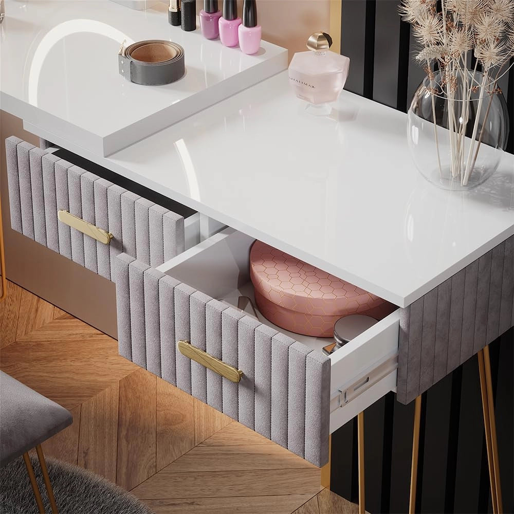 Tavolo da toeletta Zoey, Grigio, 120 cm con illuminazione LED e sgabello, con illuminazione LED e sgabello imbottito