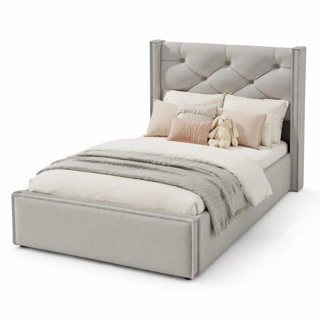 Letto singolo imbottito 90x200 cm con contenitore; rete a doghe in legno e metallo; grigio chiaro