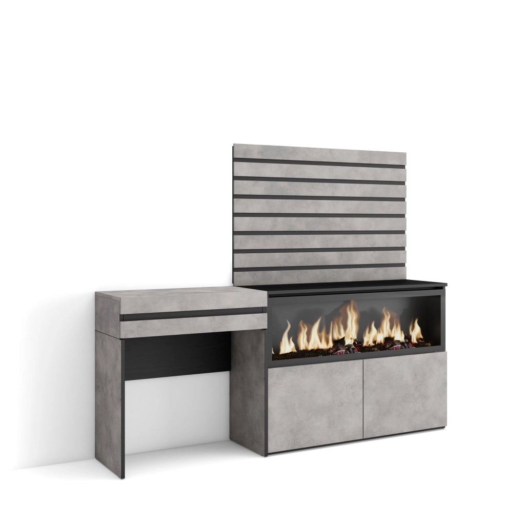 Tavolo da toeletta, 177x35x145cm, Con cassetto, Camino elettrico XXL, Pannelli Decorativi, grigio cemento RF3465
