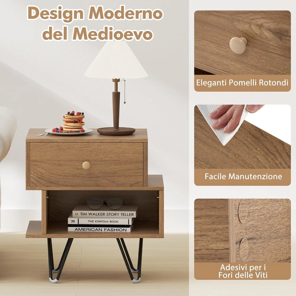 Set di 2 Comodini, Tavolino Moderno con Cassetto Rimovibile, Scomparto Aperto e Gambe in Metallo, Mobile per Camera da Letto, Soggiorno e Ufficio, Naturale